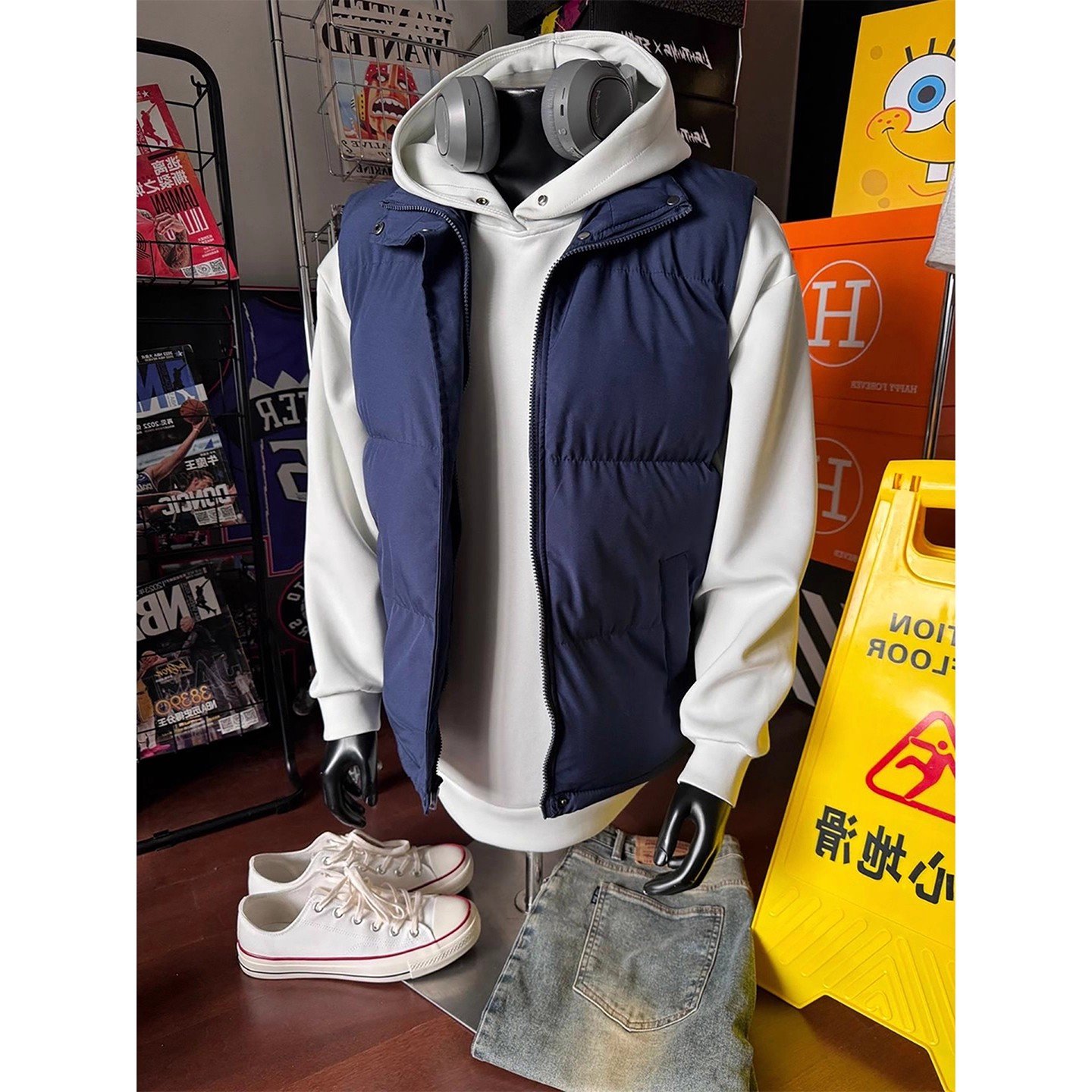 藏青色羽绒马甲男轻薄无袖外穿背心立领棉坎肩外套叠穿搭配两件套