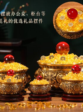 大铜世家狮耳黄铜聚宝盆摆件客厅装饰收银前台柜台存钱罐开业礼品