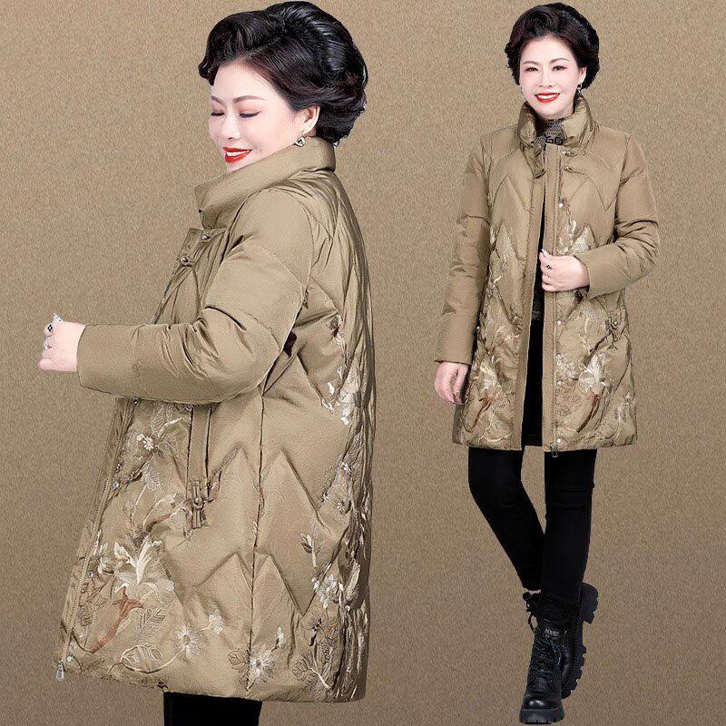 本命年红色妈妈冬装羽绒棉服中长款洋气中老年女秋冬外套中年棉袄
