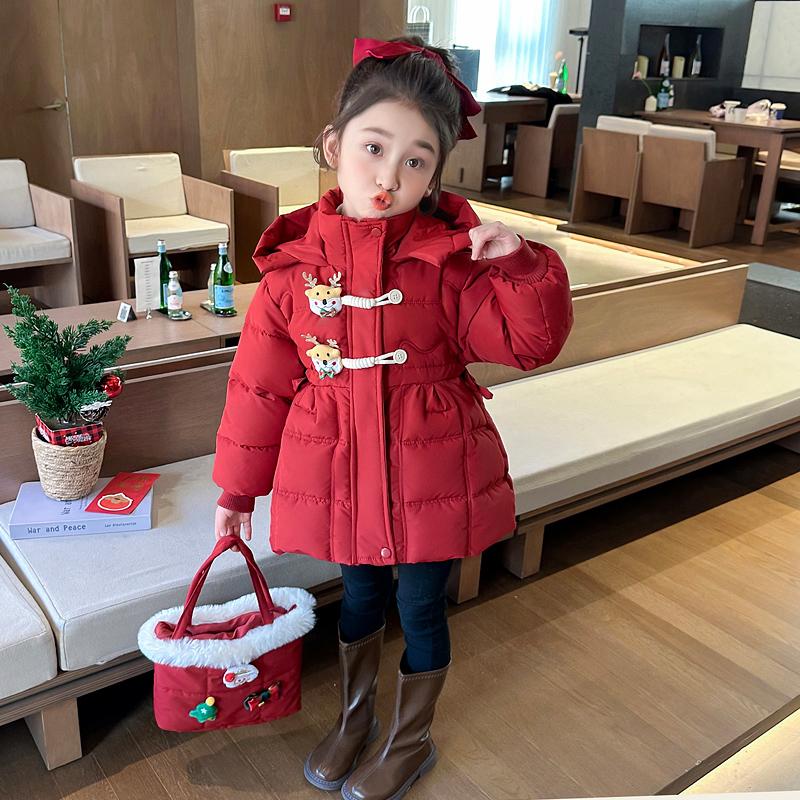 女童冬季棉服女宝中长款新款洋气棉衣儿童加厚外套红色拜年棉袄潮
