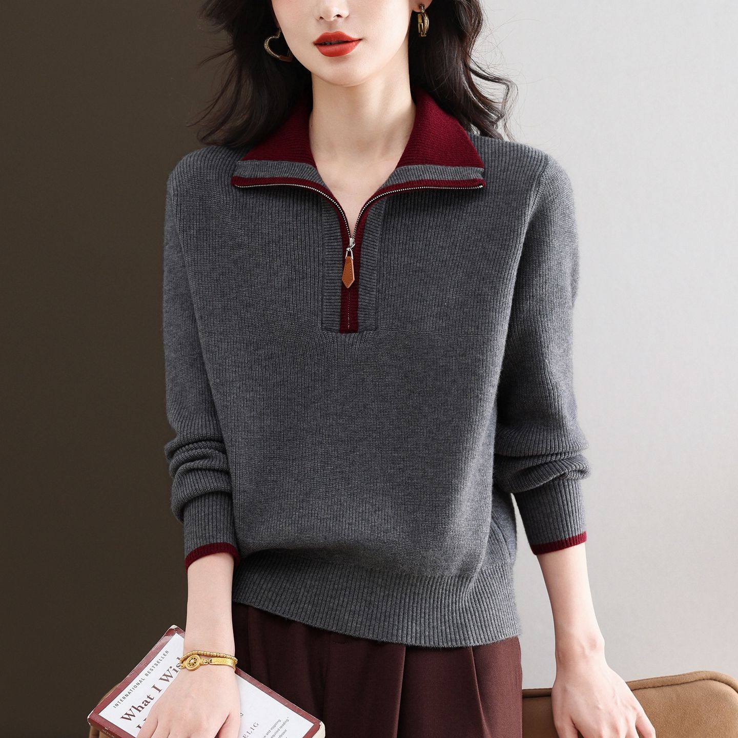 2025秋冬新款灰调撞酒红半拉链针织衫女翻领显瘦气质通勤毛衣上衣