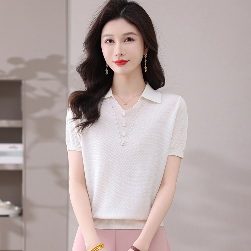 冰丝polo领休闲短袖T恤女2025夏季薄款年轻妈妈正肩翻领半袖上衣