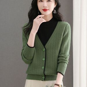 假两件加厚针织上衣女2024秋季新款宽松大码短款半高领毛衣打底衫