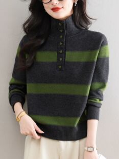 2025秋冬新款黑绿条纹半高领毛衣女 纽扣装饰修身显瘦针织衫上衣