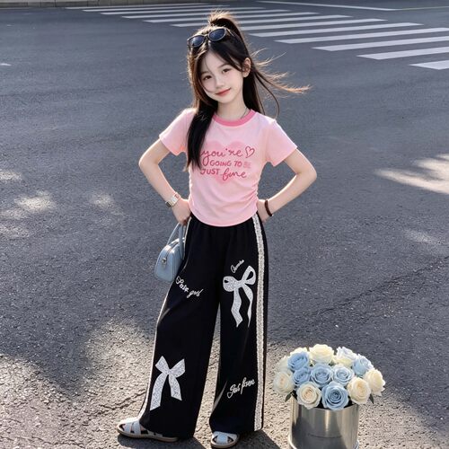 女童时尚简约个性短袖T恤夏季新款时尚花边阔腿裤休闲运动两件套