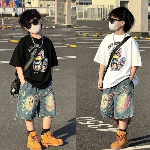 男童夏季时尚套装中大童洋气印花短袖韩系涂鸦牛仔中裤时尚两件套