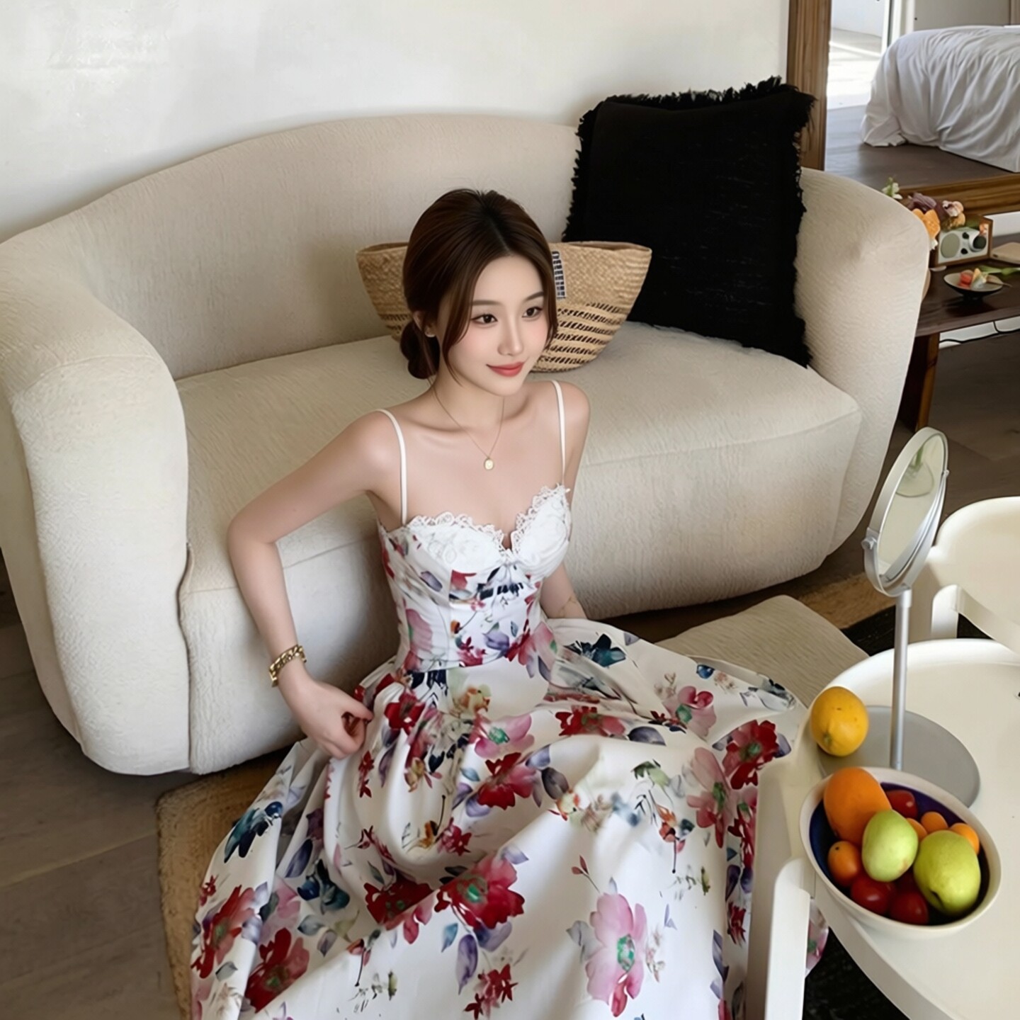 度假风碎花吊带裙高级感法式蕾丝花边拼接吊带连衣裙收腰印花长裙图片
