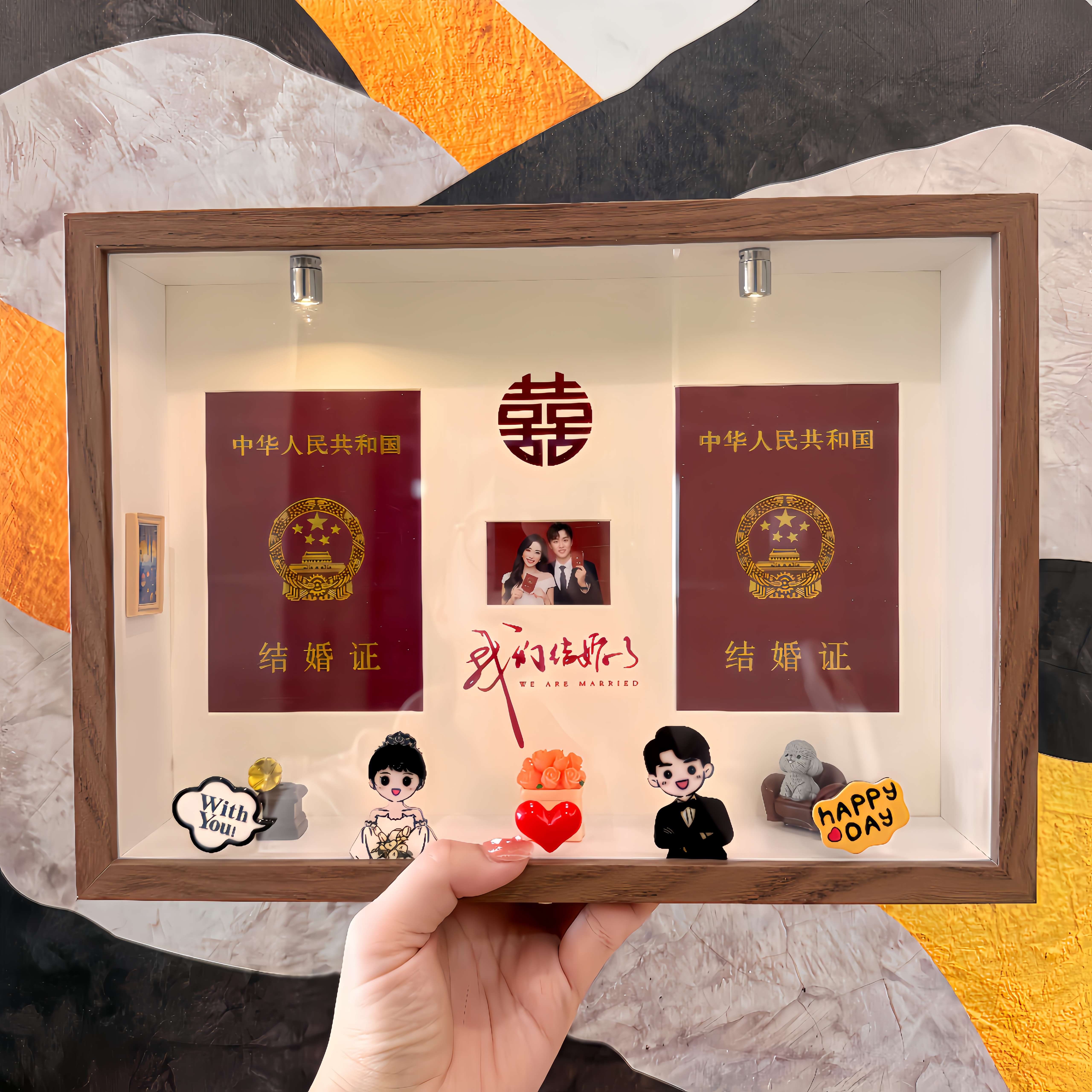 结婚证相框情侣新婚礼物夫妻周年纪念领证登记照婚姻证件卡通摆台