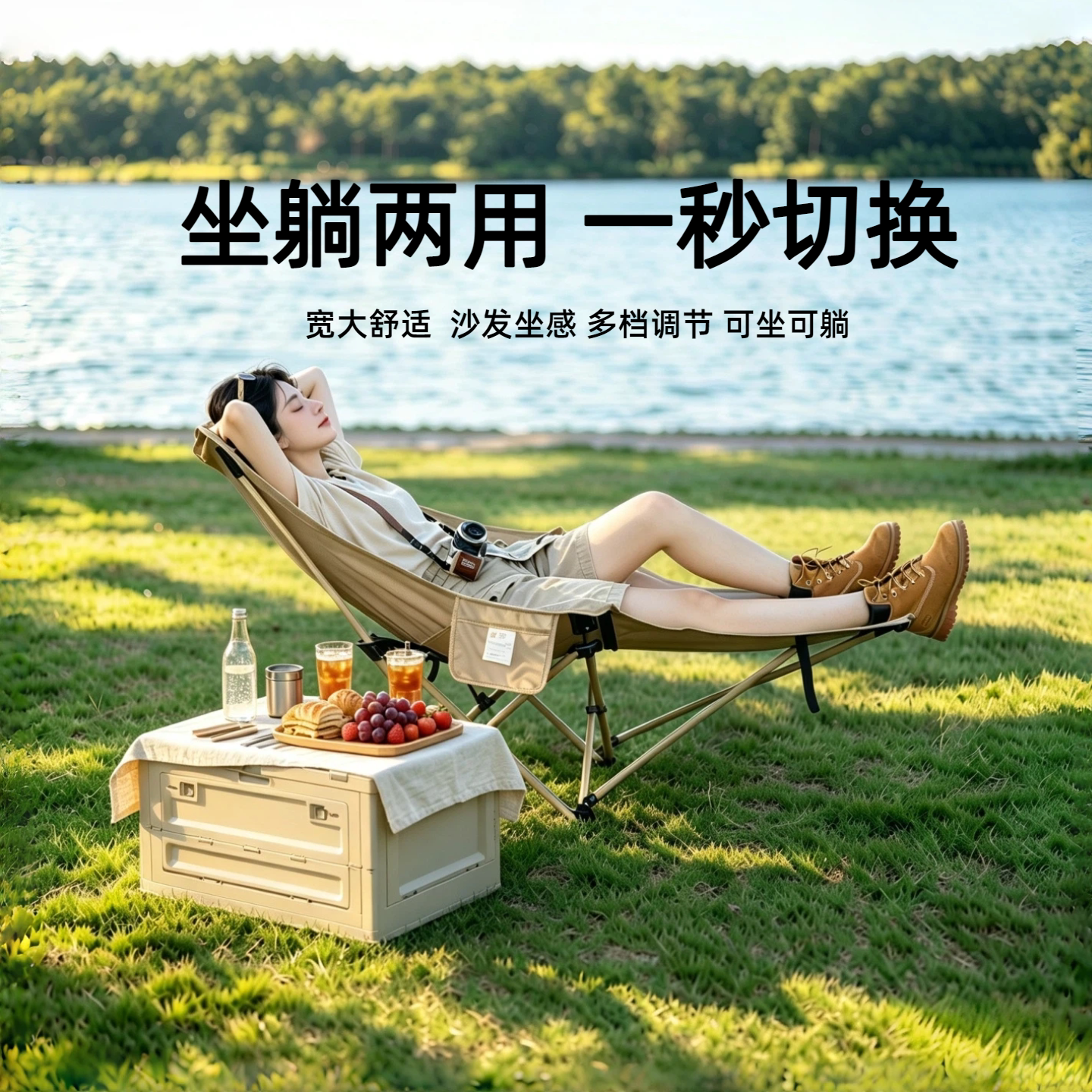 问露新款午休折叠躺椅加棉可调节月亮椅户外露营沙滩钓鱼椅凳