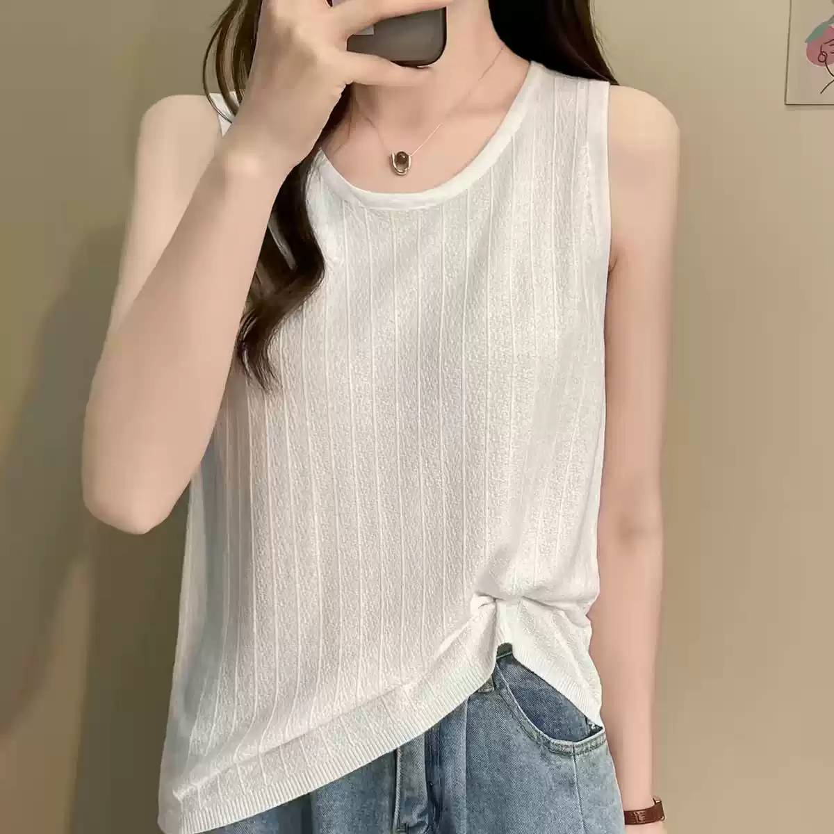 冰丝针织吊带背心女外穿夏季大尺码胖mm宽松遮肚子内搭无袖圆领上