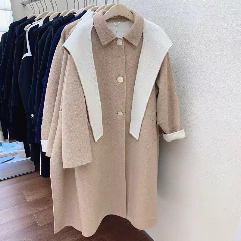 秋冬可卸帽子韩版兔耳朵双色面羊绒羊毛大衣女外套