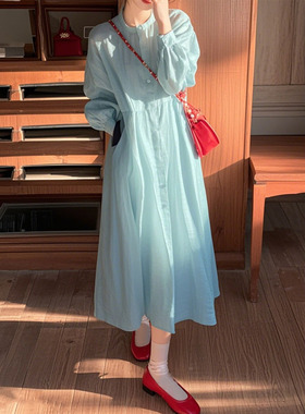 2025春季多巴胺穿搭漂亮独特绝美高级感小香风蓝色长袖衬衫连衣裙
