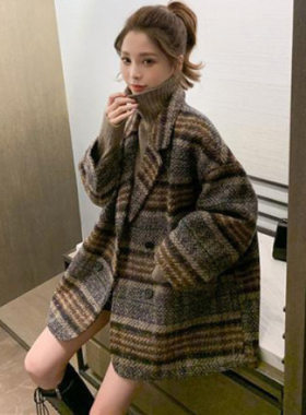 粗花呢子中长款大衣2025秋冬新款韩范宽松风衣加厚格子毛呢外套女