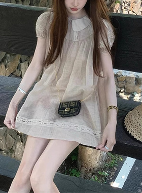去茶山茶歇系列纯苎麻娃娃领连衣裙减龄显瘦a字短裙女2026夏可爱