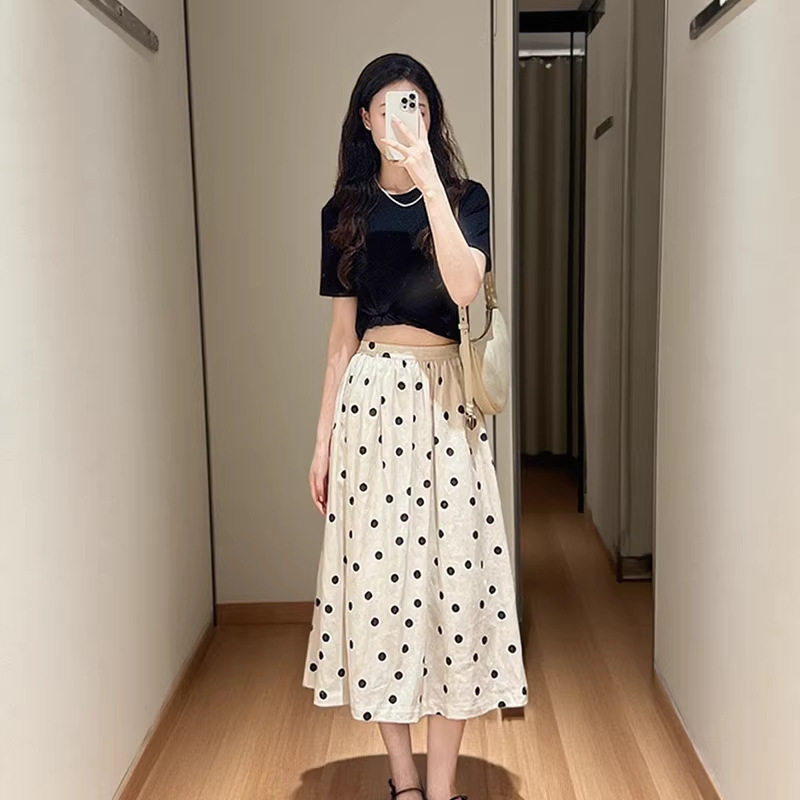 2026春季新款亚麻平纹布波点女半身裙复古法式慵懒舒适半身裙透气