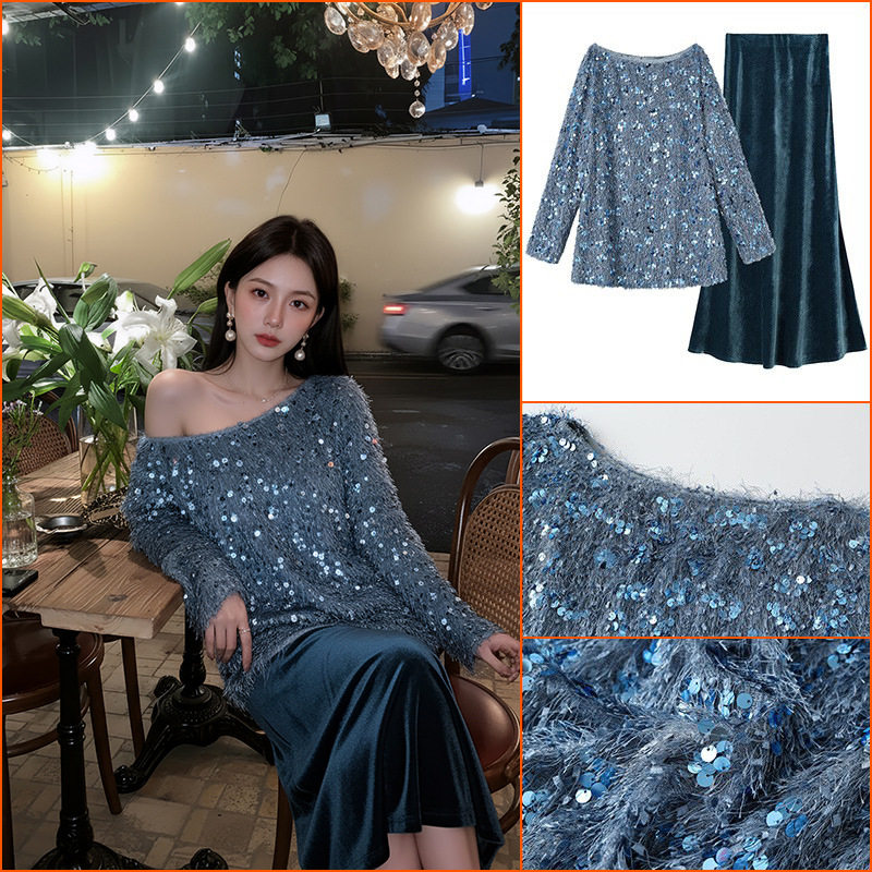 春季新款轻奢时尚V领亮片毛衣金线烂花丝绒鱼尾半裙上衣套装2026,女装/女士精品,休闲运动套装,淘宝优惠券,粉丝福利购,淘宝优惠卷
