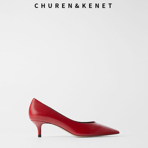 小CK酒红色高跟真皮尖头新娘鞋