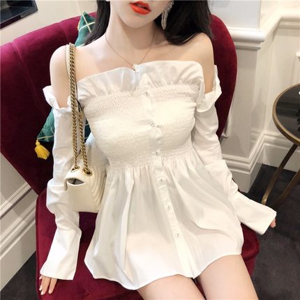 气质性感木耳边一字肩中长款上衣露肩洋气衬衫裙纯欲辣妹女装2025