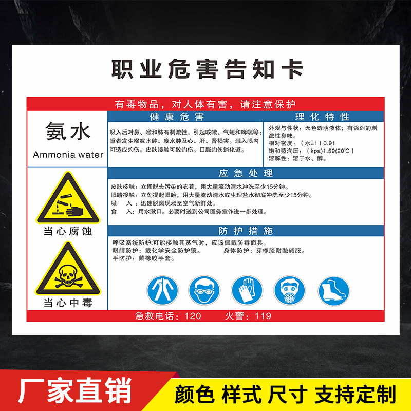 氨水职业病危害告知牌卡周知卡职业危害危险品标志牌定制