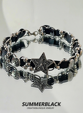 黑姑姑饰品chocker重工黑色皮质编织项圈星星项链脖子配饰颈链女