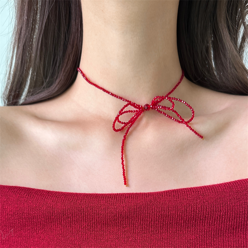 红色小米珠水晶蝴蝶结项链