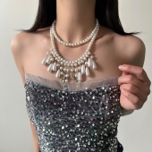 法式 小众轻奢毛衣链潮 重工多层珍珠质感水滴锆石项链女2026年新款