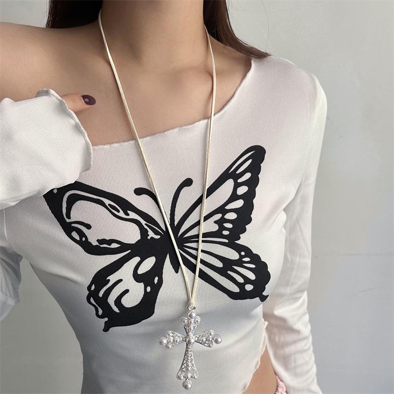 巴洛克珍珠十字架绑带y2k毛衣链