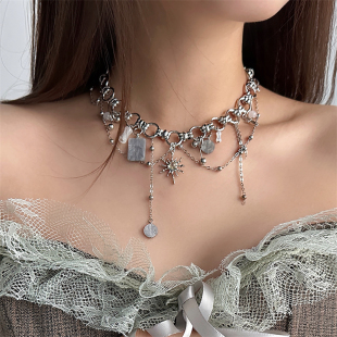 重工朋克ins风猫眼石太阳花流苏金属链条项链女小众y2k锁骨链配饰