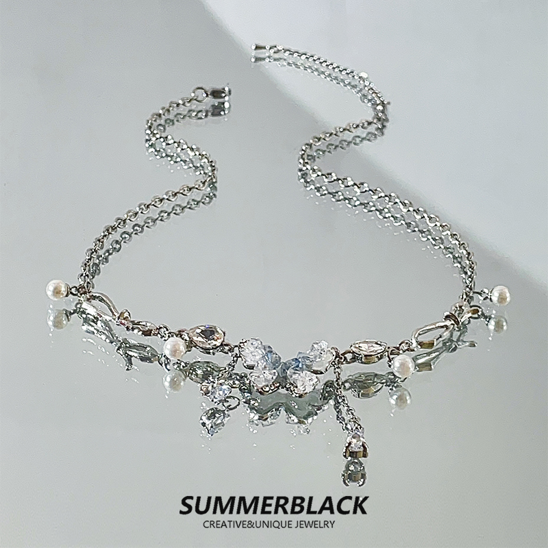 冰晶蓝蝴蝶项链女锁骨链