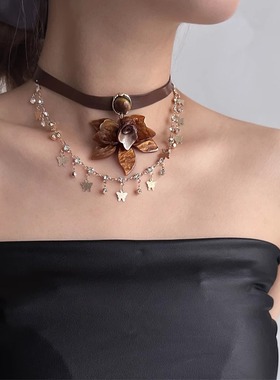 复古vintage咖色虎眼石花朵项链