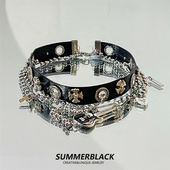 黑姑姑饰品choker嘻哈亚比风吉他流苏叠戴黑色皮质项圈项链颈链女