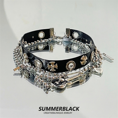 吉他流苏叠戴黑色皮质项圈