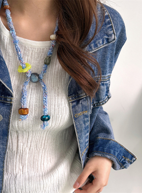 秋冬季新款毛线针织抽拉串珠项链