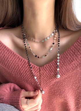 欧美轻奢风长款珍珠亮片流苏项链