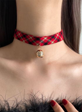 红色网格印花铃铛choker吊坠项圈