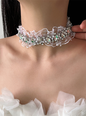 仙女风闪钻珍珠蕾丝choker项链