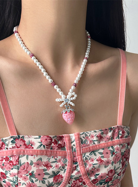 甜美草莓珍珠蝴蝶结锁骨链新款