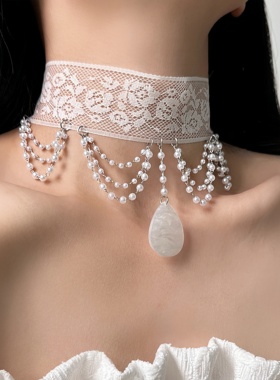 法式宽版蕾丝珍珠水滴流苏脖颈链