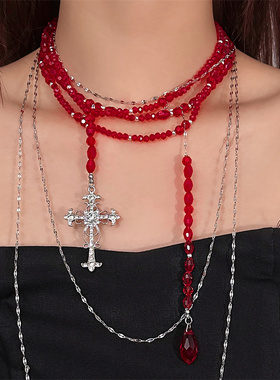 重工哥特风多层叠戴红色水晶十字架项链配饰女颈链chocker锁骨链