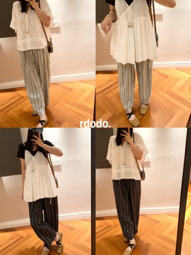 Rdodo自线进口色织水洗亚麻棉条纹慵懒松弛抽绳裤九分休闲阔腿裤