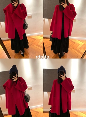 Rdodo自线 新年专属row奢风本命rich红色山羊绒高支羊毛斗篷大衣