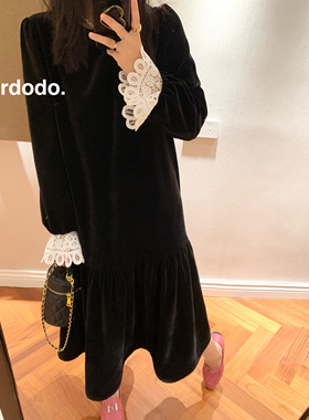 Rdodo自线财阀大小姐升级版可拆卸袖口蕾丝日本不粘毛丝绒连衣裙