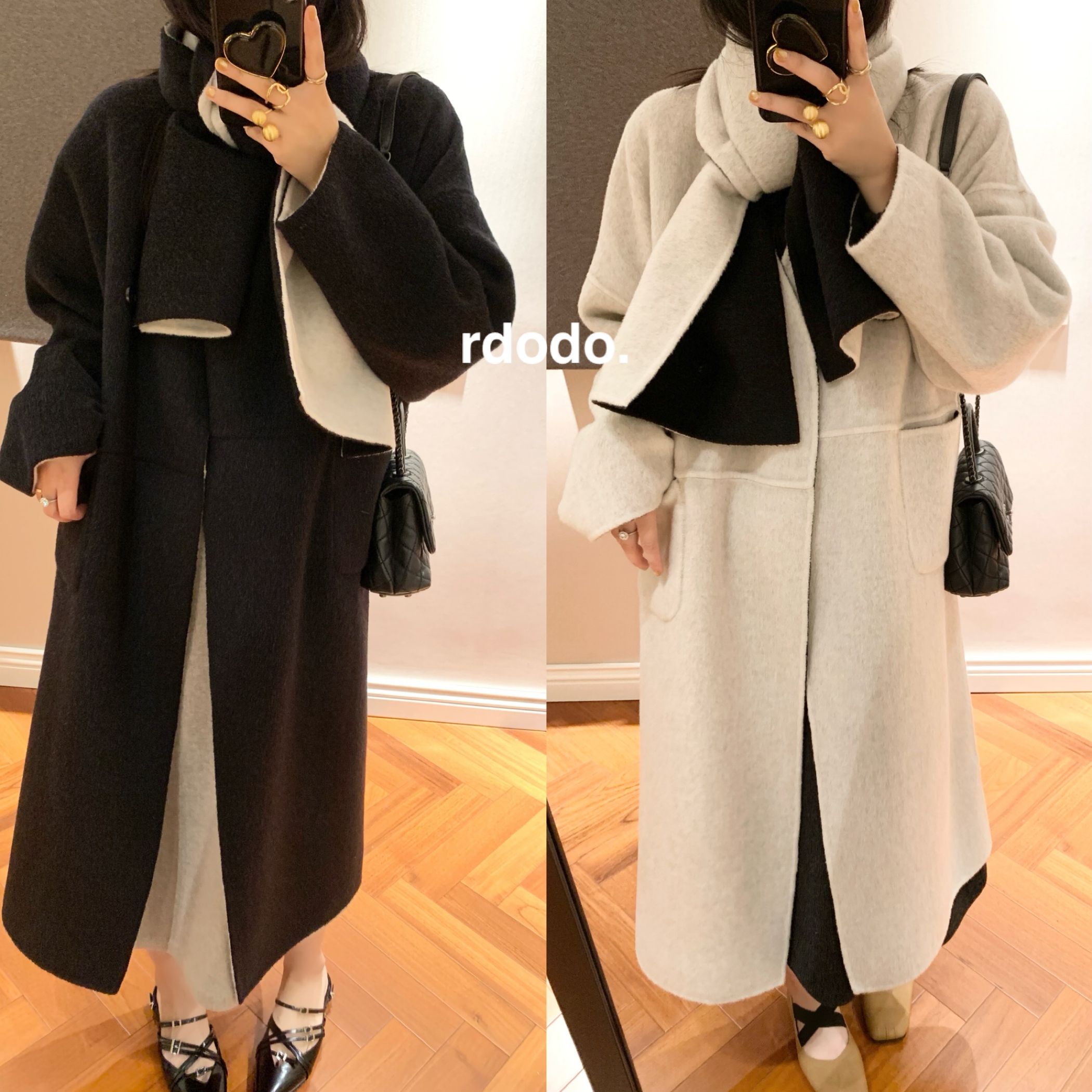 Rdodo自线 送围巾两面穿香奶黑白风软糯山羊绒高支羊毛长款大衣