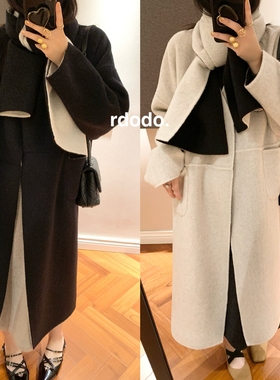 Rdodo自线 送围巾两面穿香奶黑白风软糯山羊绒高支羊毛长款大衣