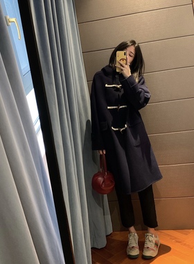 二多多家 藏蓝色学院风宽松休闲连帽牛角扣高支双面羊绒羊毛大衣