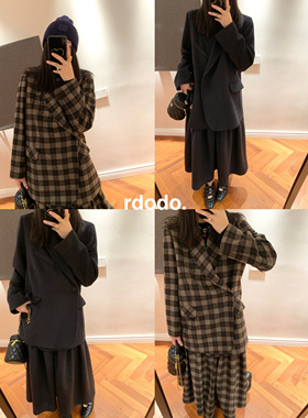 Rdodo时髦斜扣掐腰row款英国哈里斯羊毛格纹西装大衣+半身裙套装