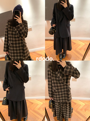 Rdodo时髦斜扣掐腰row款英国哈里斯羊毛格纹西装大衣+半身裙套装