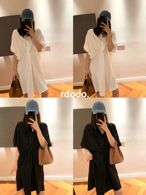 Rdodo自线 时髦慵懒贵气感纽结交叉天丝亚麻显瘦短袖衬衣连衣裙