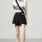 女高腰秋季 薄款 2025新款 黑色毛边破洞牛仔短裤 显瘦辣妹a字热裤 子