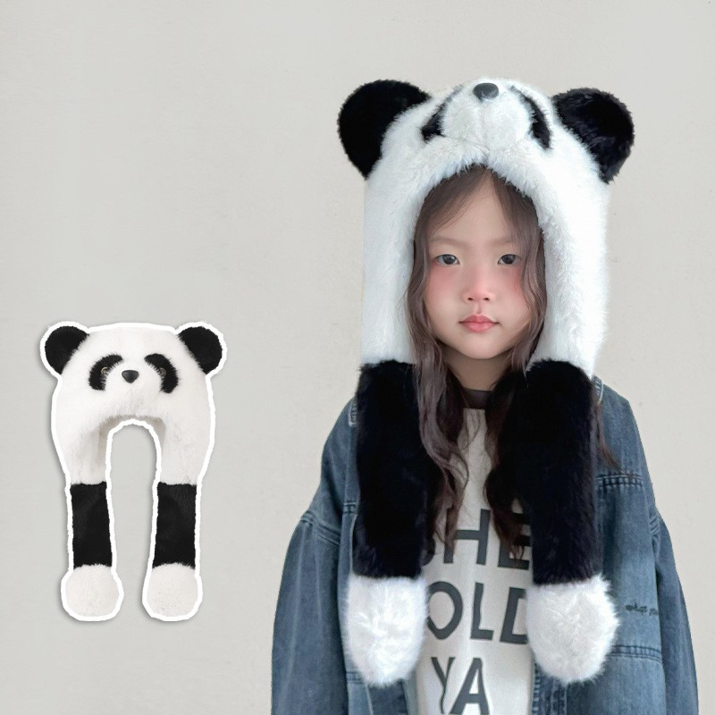 儿童帽子冬季新款可爱熊猫捏捏雷锋帽男童女童宝宝保暖防风护耳帽